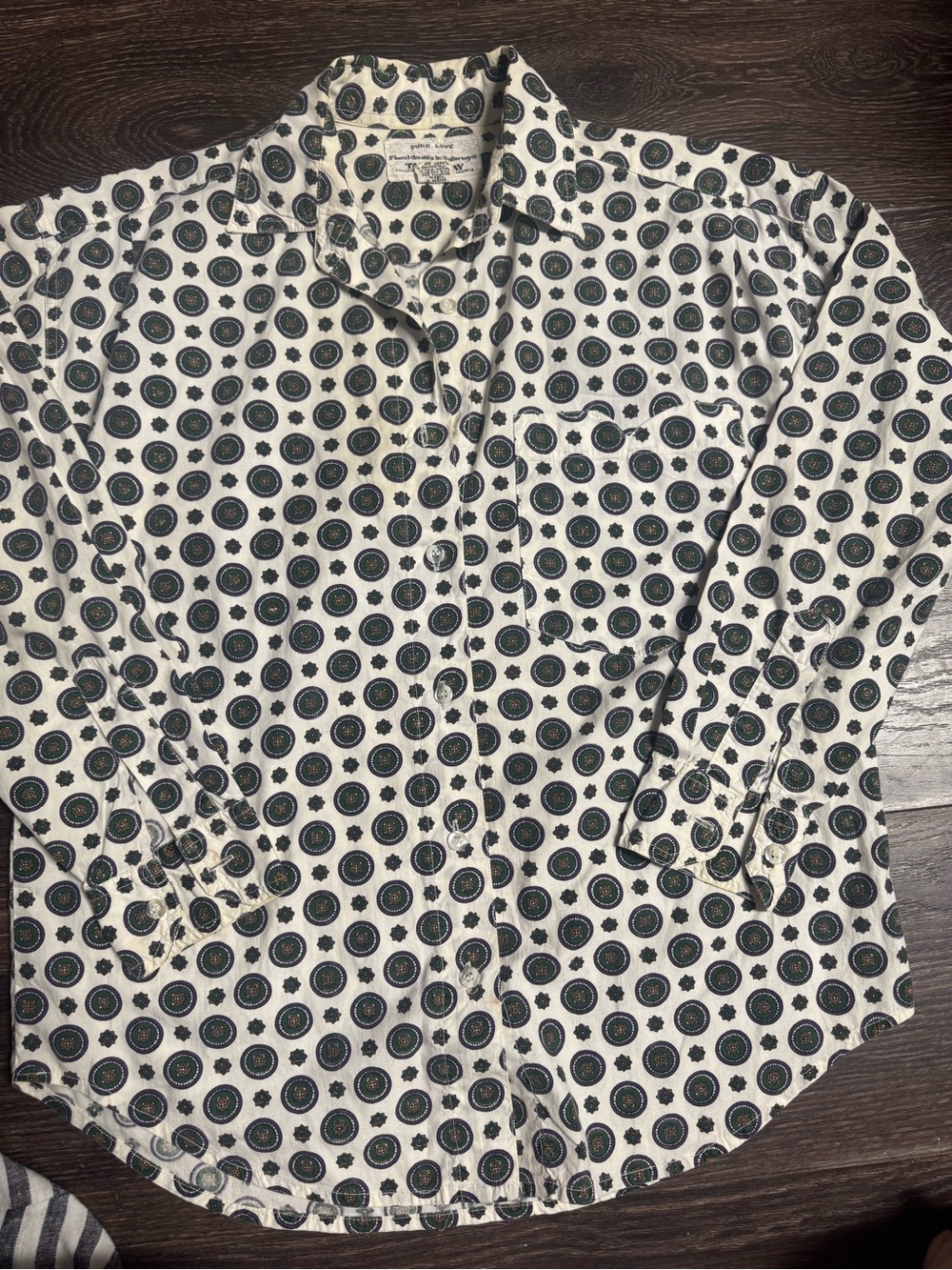 Vintage Men's White Button-Up Shirt with Black Circular Print